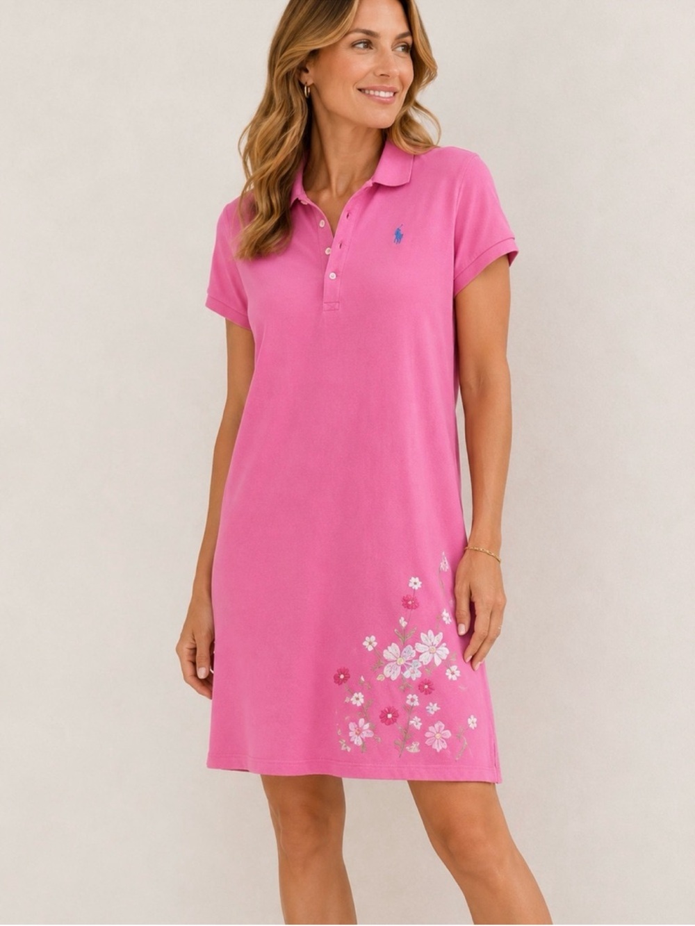 Ralph Lauren Pink Polo Dress Size L Floral Embroidery Short Sleeve Pony Logo